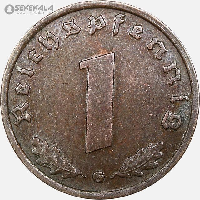 سکه 1 رایش فنیگ کمیاب آلمان نازی 1939 G — تصویر ۲