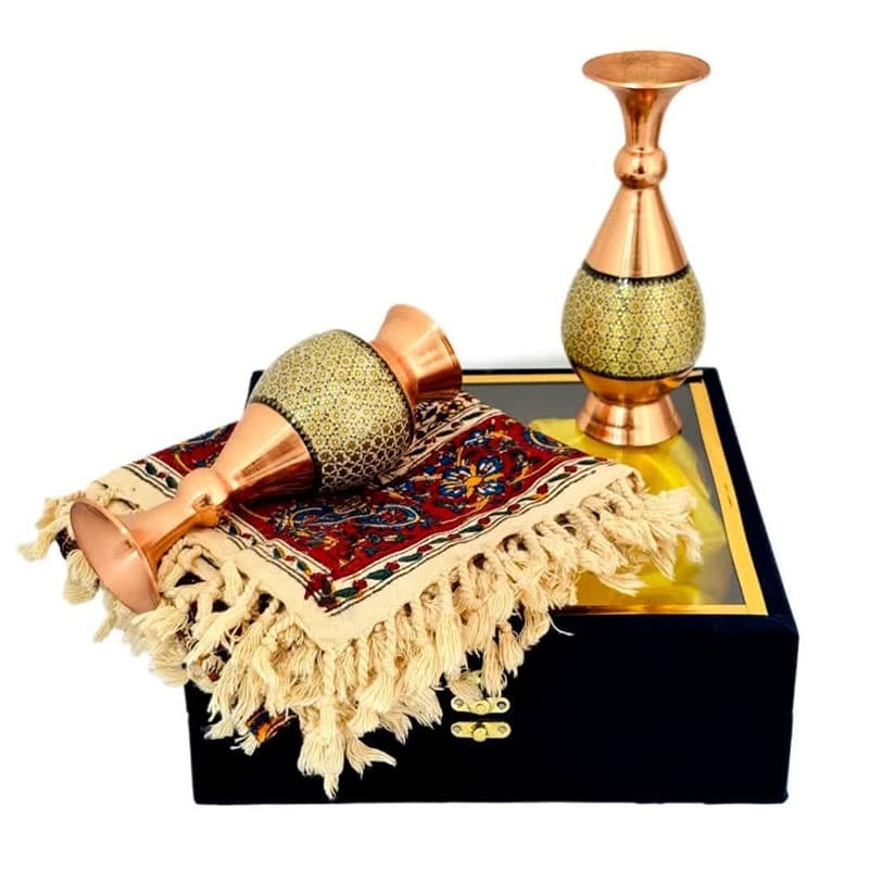 ست هدیه اداری خاتم کاری گلدان و رومیزی قلمکاری — تصویر ۲