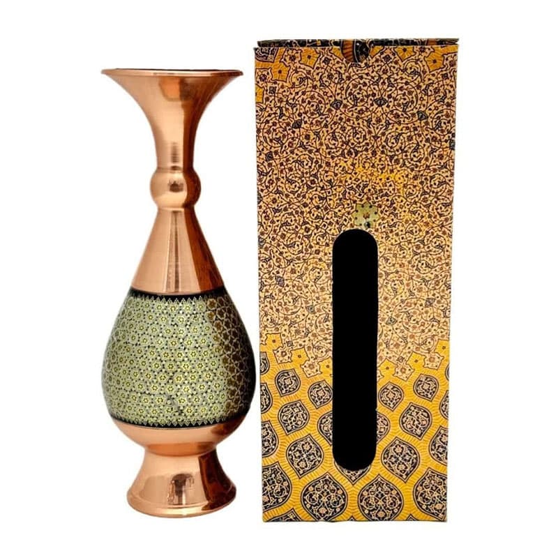 گلدان صراحی مس و خاتم کاری 25 سانت با جعبه سنتی — تصویر ۲