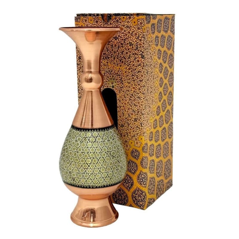 گلدان صراحی مس و خاتم کاری 25 سانت با جعبه سنتی — تصویر ۴