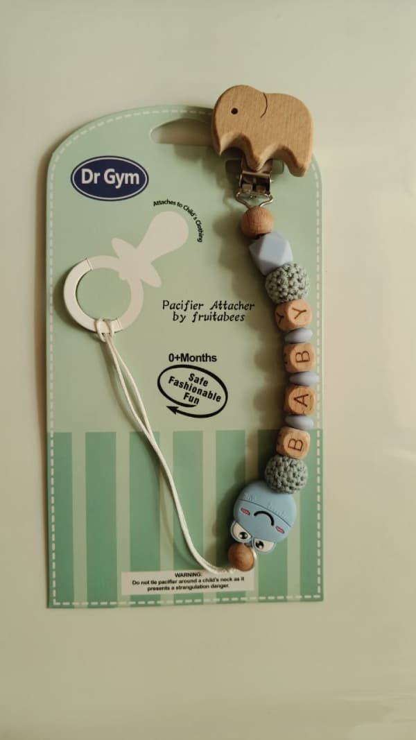 بند پستانک چوبی اورجینال dr.gym طرح فیل رنگ آبی