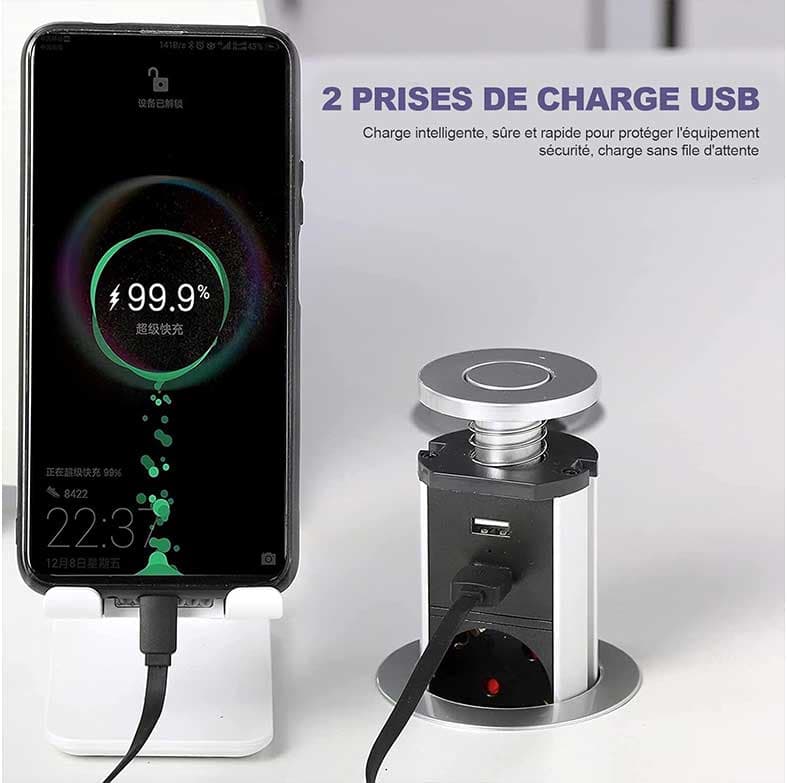 پریز توکار استوانه ای استاندارد اروپا 3 سوکت 2 سوکت USB قطر 60 میلی متر کابل 1.8 متر برای آشپزخانه یا دفتر (نقره ای) Logtronik — تصویر ۳