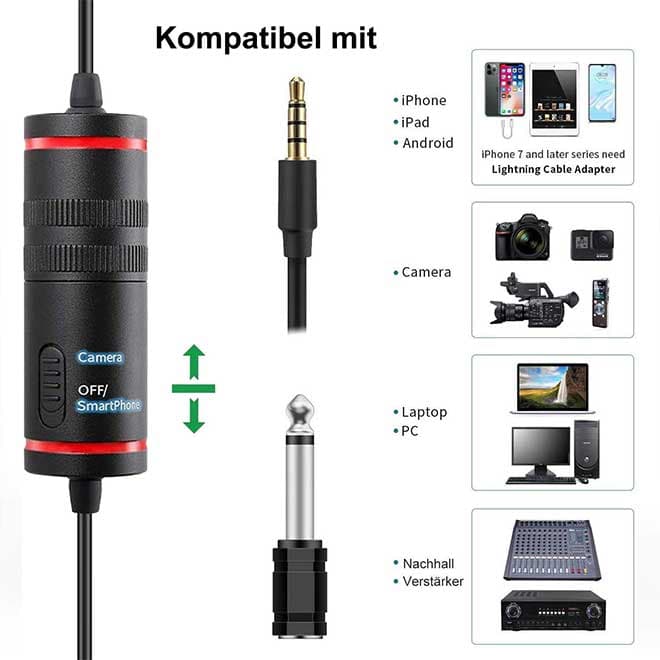 میکروفون برای DSLR ویدئو مصاحبه یوتیوب تلفن همراه/دوربین و رایانه شخصی، مینی خازنی کاهش نویز Lavalier — تصویر ۲