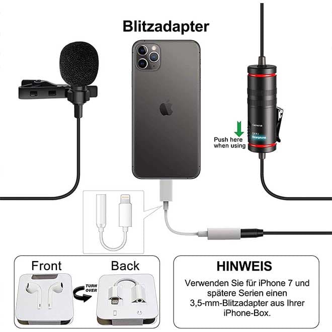 میکروفون برای DSLR ویدئو مصاحبه یوتیوب تلفن همراه/دوربین و رایانه شخصی، مینی خازنی کاهش نویز Lavalier — تصویر ۵