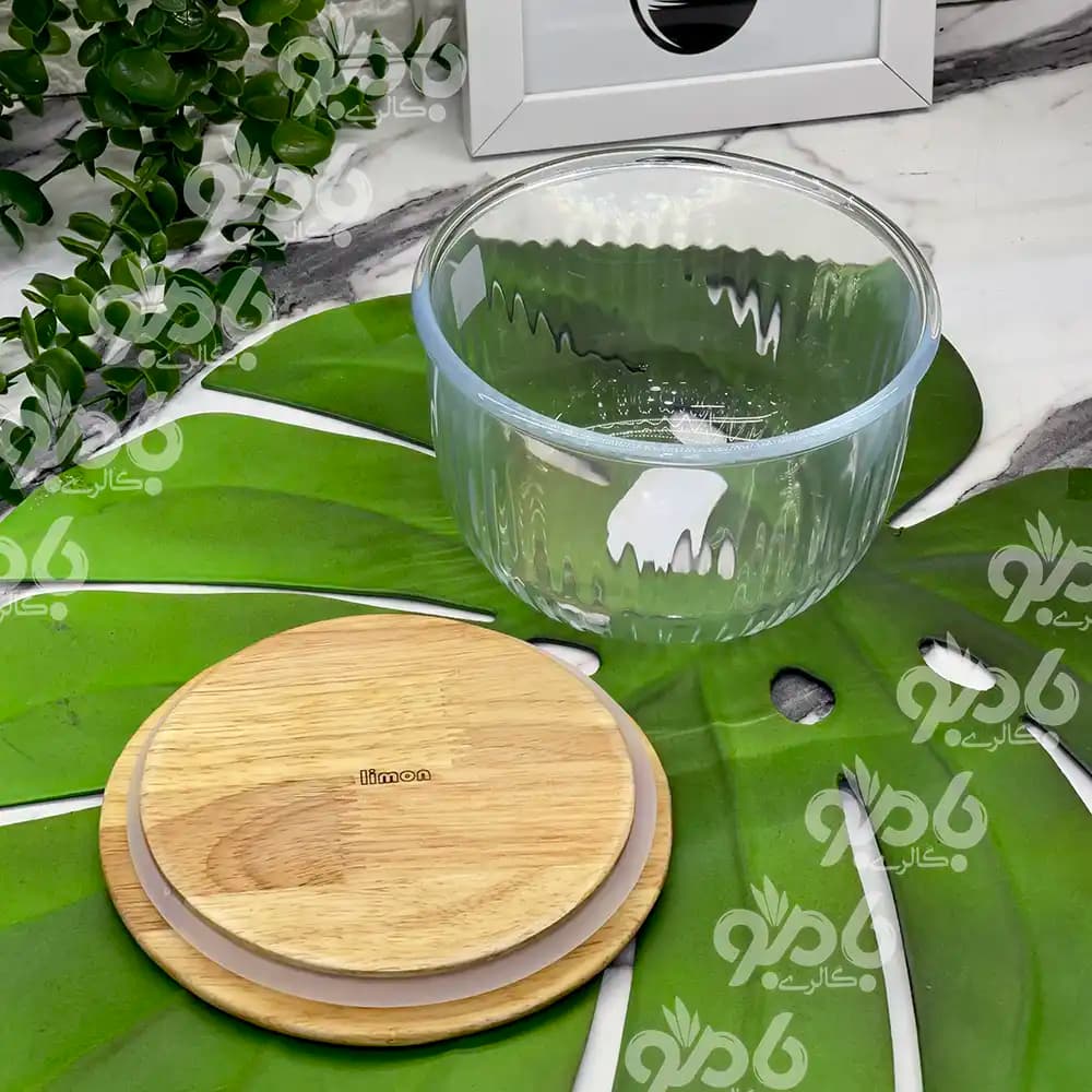 ظرف نگهدارنده شیشه ای گرد درب چوبی لیمون — تصویر ۵