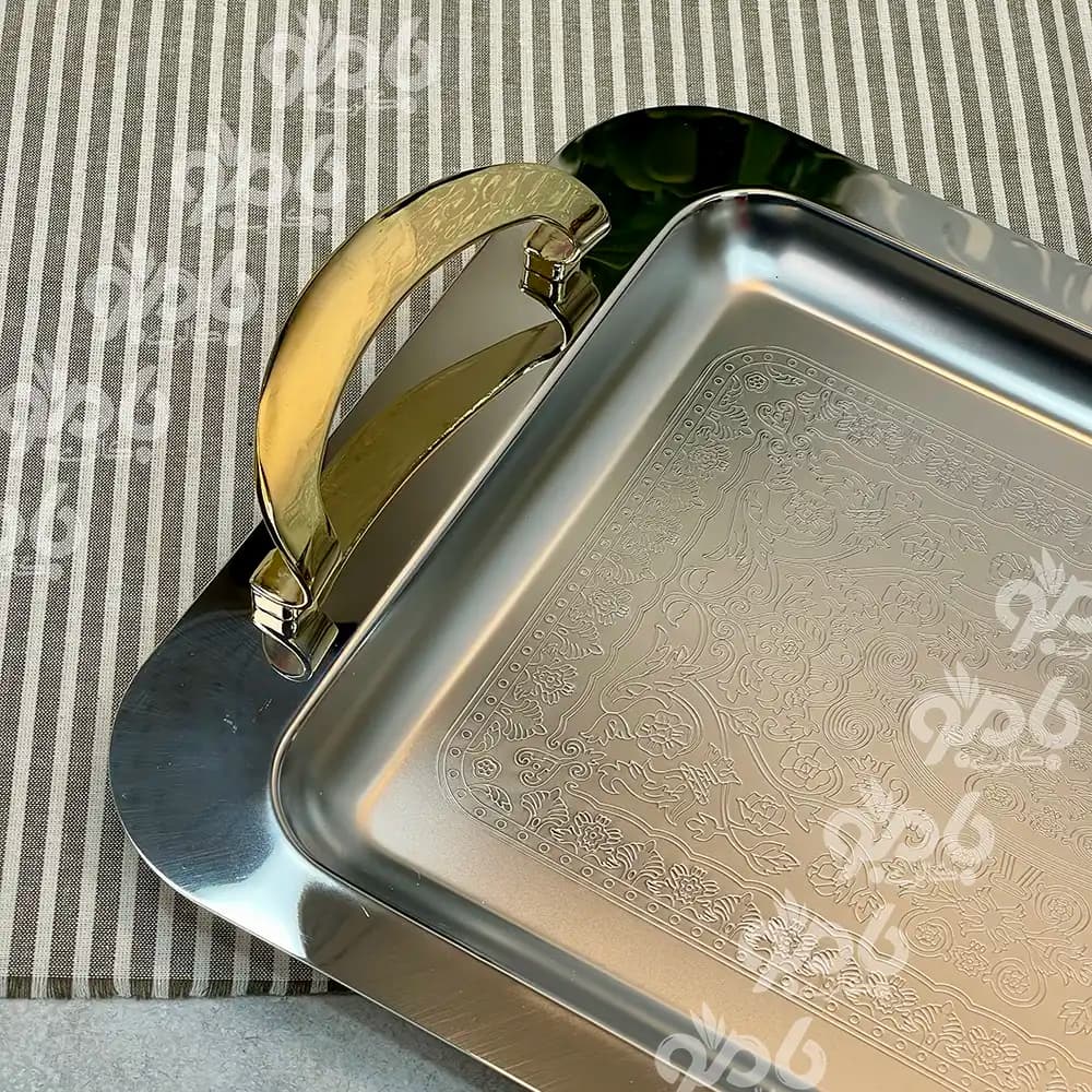 سینی استیل جفتی فریکوک مستطیل سیلور دسته طلا کد0183 — تصویر ۲