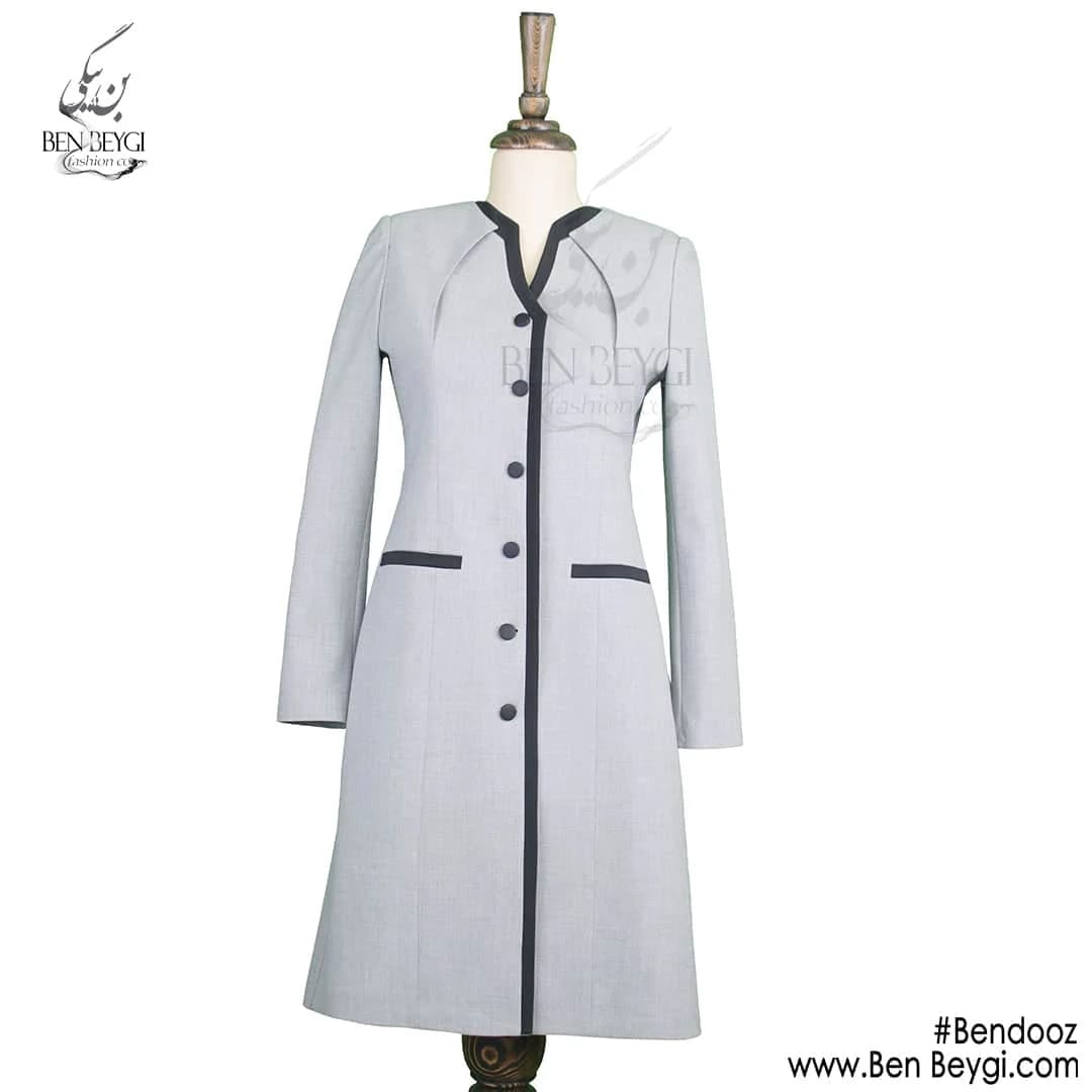 مانتو شلوار اداری طوسی پنل دار نوار دوزی پارچه بزیاق کد 7811