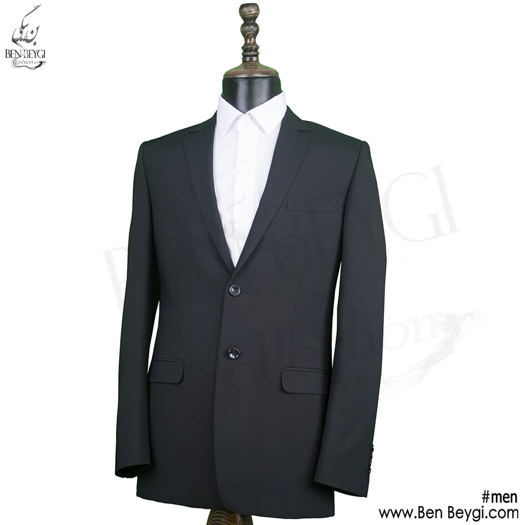 کت و شلوار مردانه اداری پارچه فاستونی طرح ساده رنگ مشکی بانتو دوزی یقه انگلیسی کد 5382