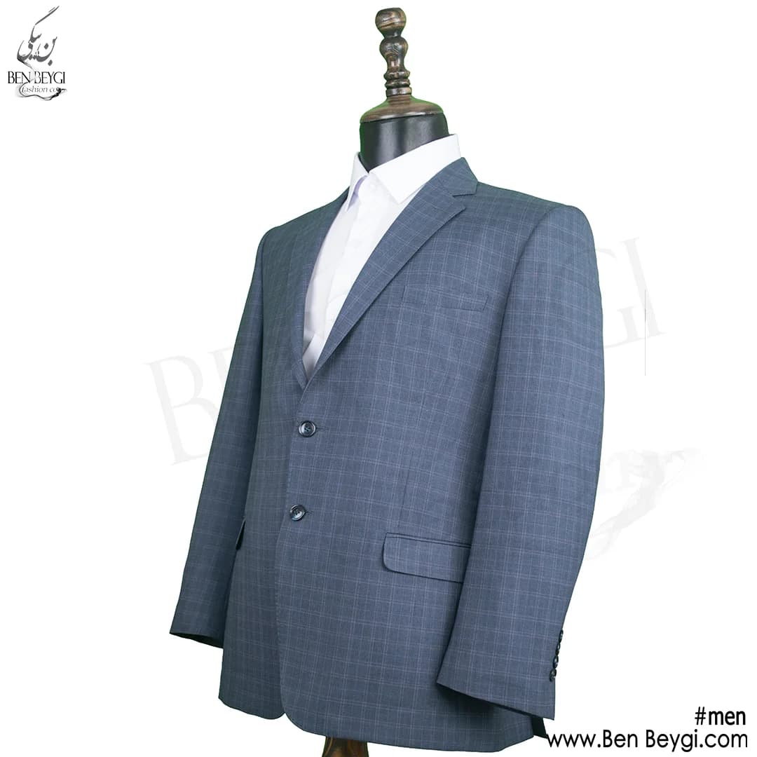 کت و شلوار مردانه اداری پارچه فاستونی طرح چهارخانه رنگ نقرآبی یقه انگلیسی کد 5368