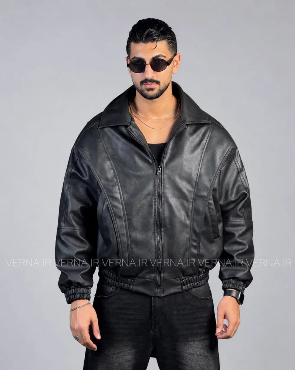 کاپشن چرم مردانه باکسی پایین کش تیکه دوزی ZARA — تصویر ۵