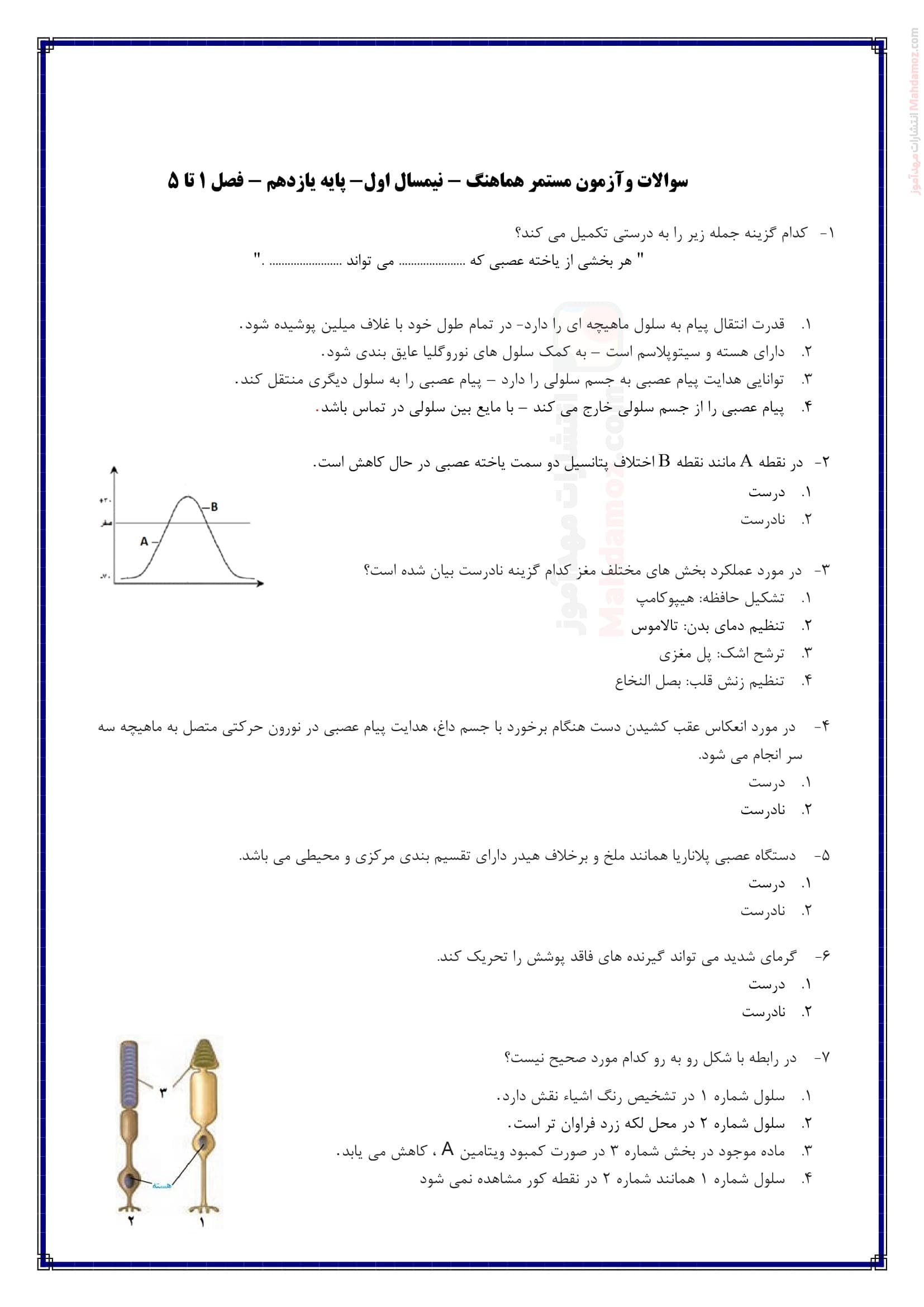پرسش و پاسخ فصل 1 تا 5 زیست شناسی ویژه یازدهم دبیرستان | با جواب