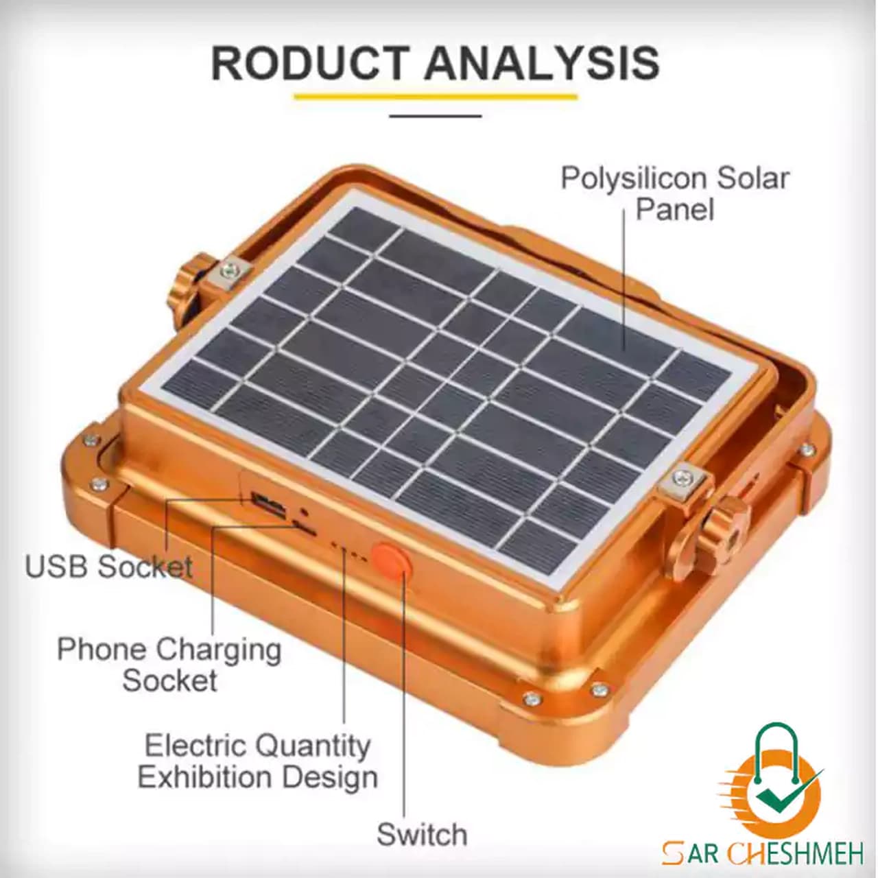 چراغ شارژی کمپینگ پایه دار مدل Solar 1000w (دارای پنل خورشیدی) – نارنجی (پک ضعیف) — تصویر ۶