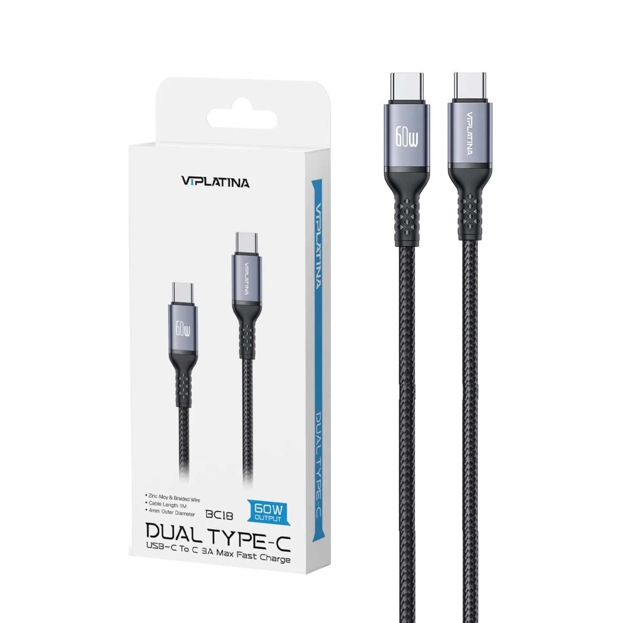 کابل شارژ PD و فست VIPLATINA Type-C To Type-C مدل BC18 60W – مشکی (گارانتی شش ماه تعویض نیکان همراه) — تصویر ۳