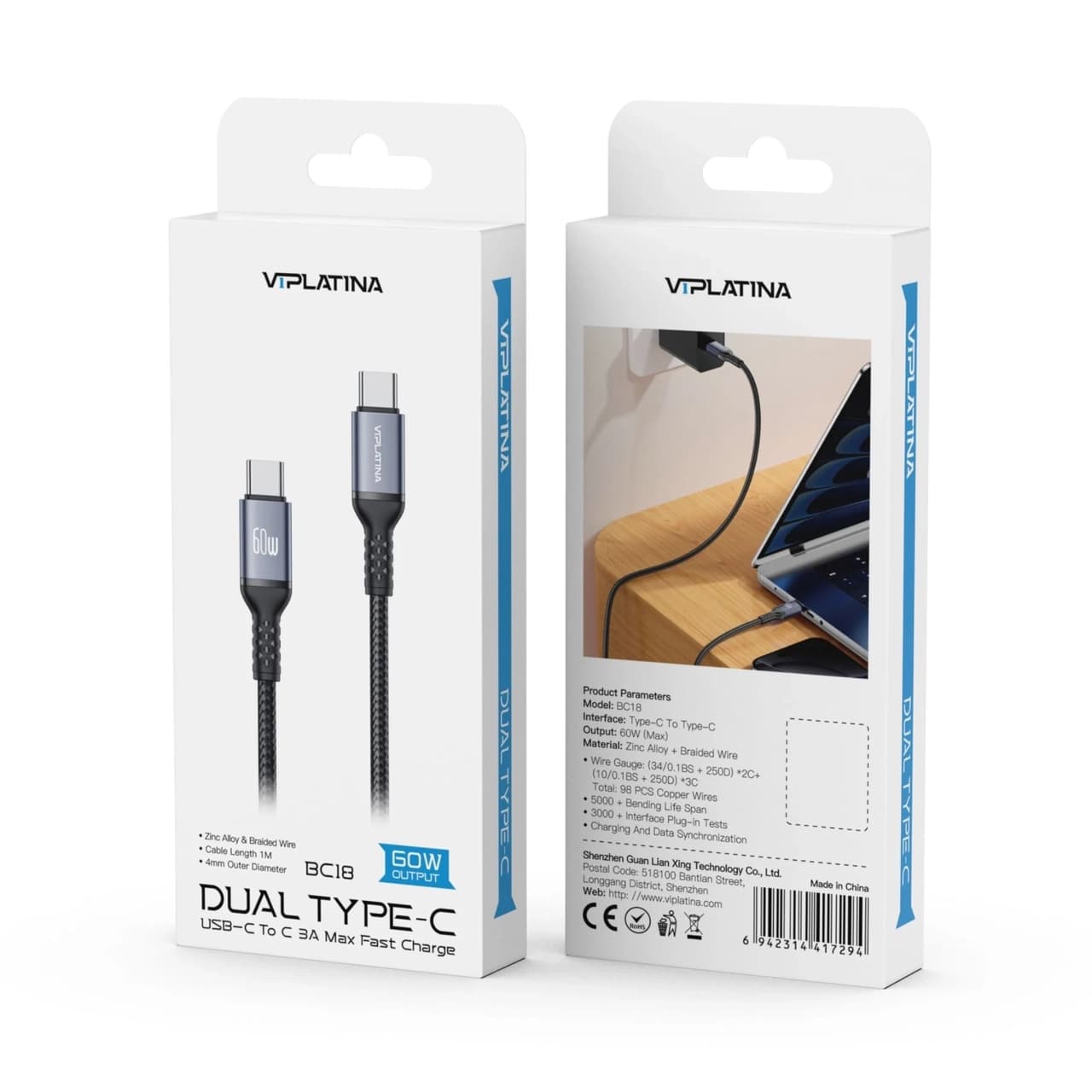 کابل شارژ PD و فست VIPLATINA Type-C To Type-C مدل BC18 60W – مشکی (گارانتی شش ماه تعویض نیکان همراه) — تصویر ۲
