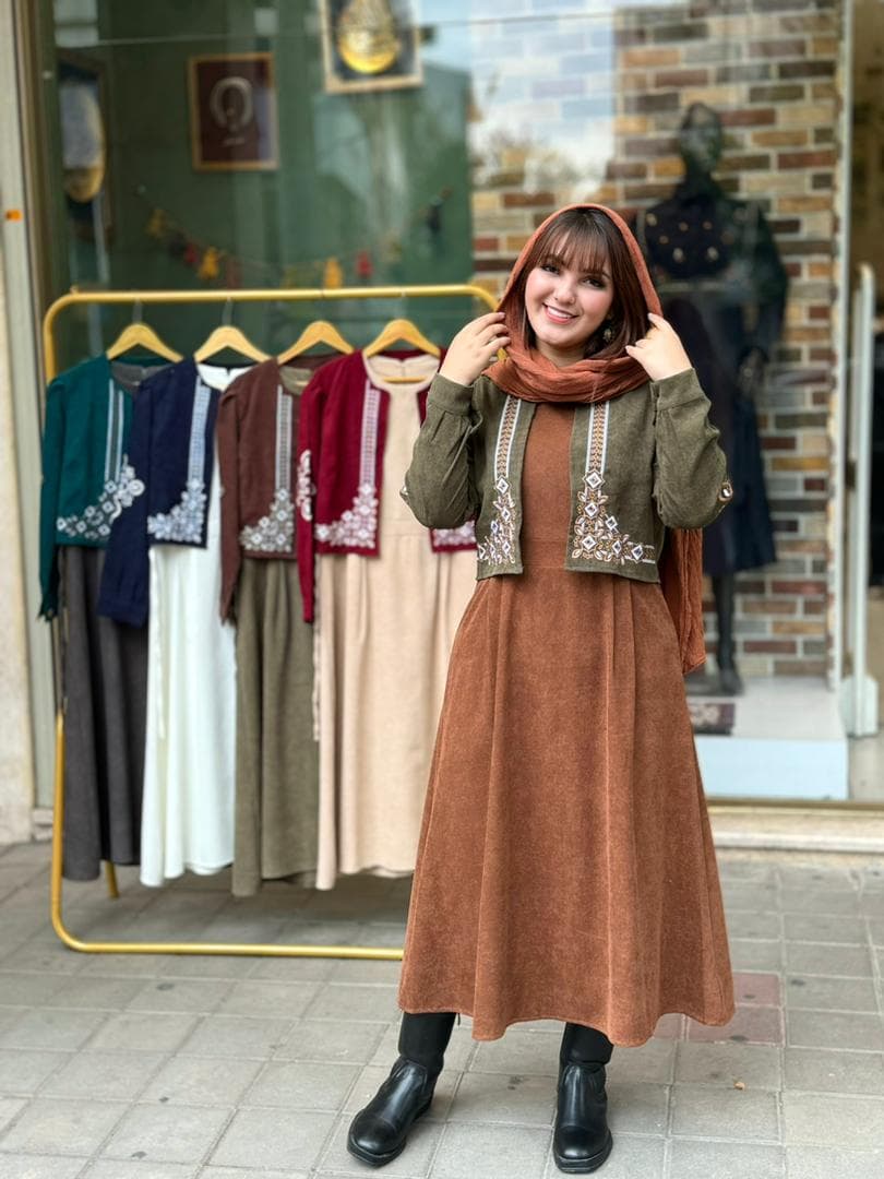 کت و سارافون نازلی کبریتی قهوه ای شکلاتی زیتونی — تصویر ۵