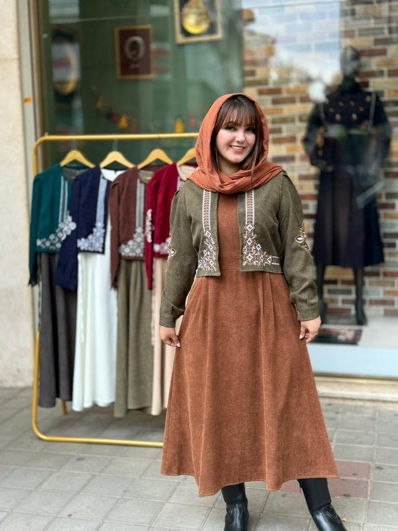 کت و سارافون نازلی کبریتی قهوه ای شکلاتی زیتونی — تصویر ۶