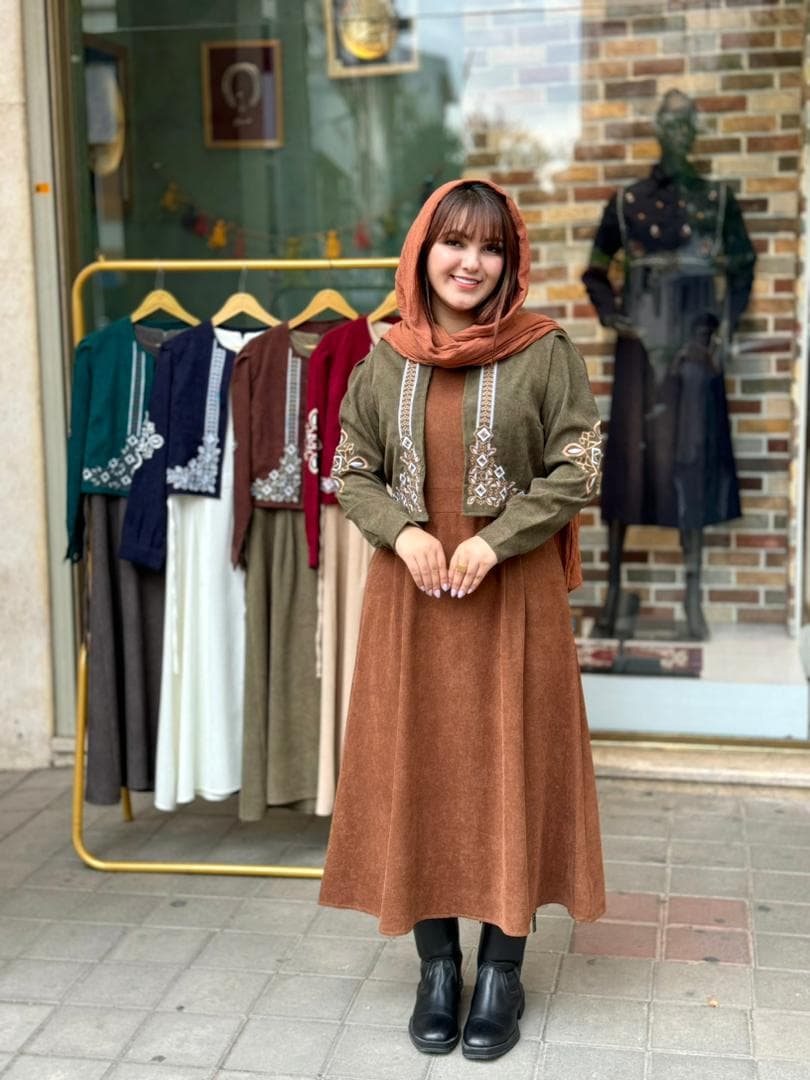 کت و سارافون نازلی کبریتی قهوه ای شکلاتی زیتونی — تصویر ۷