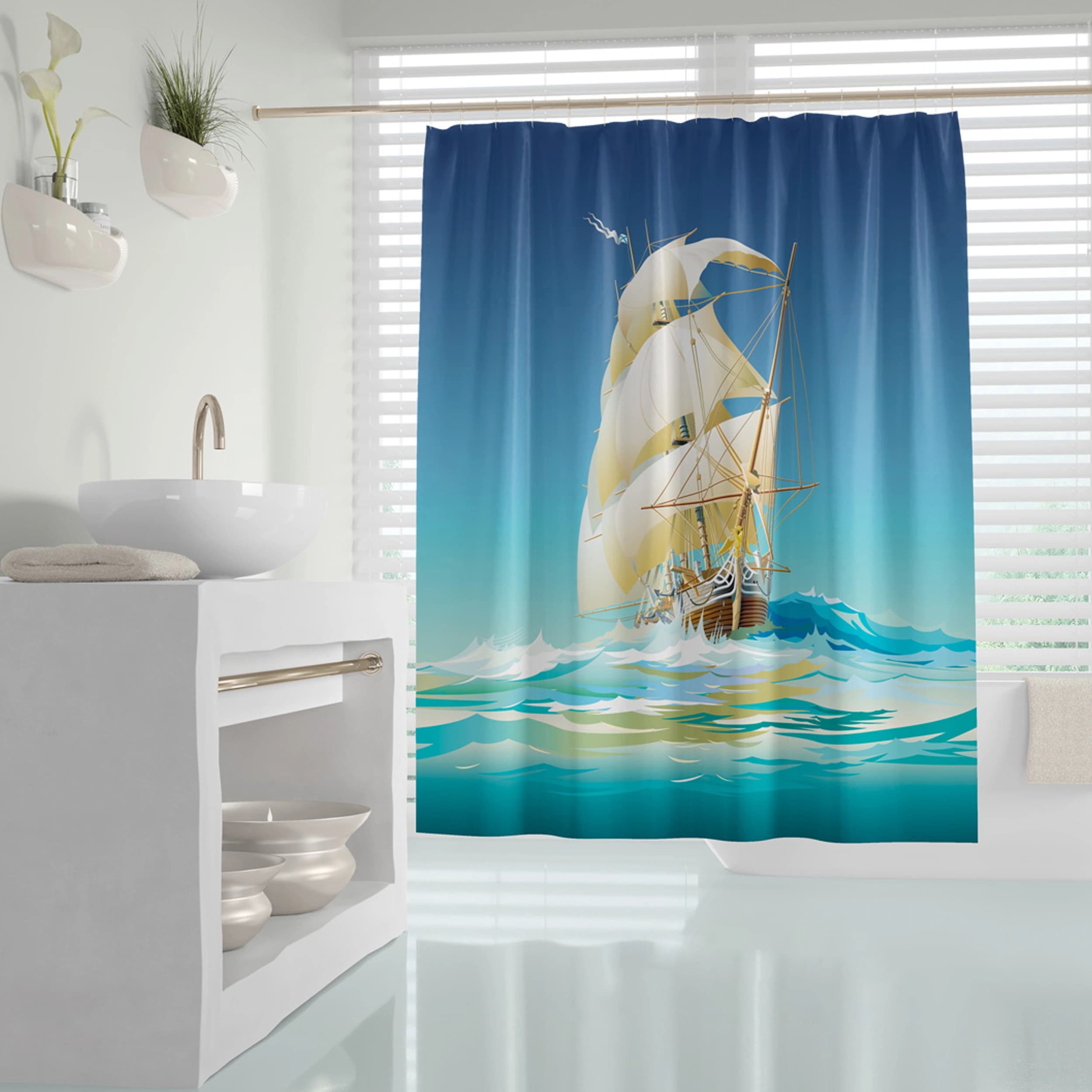 پرده حمام دلفین مدل Ship سایز 180×200 سانتی متر — تصویر ۳
