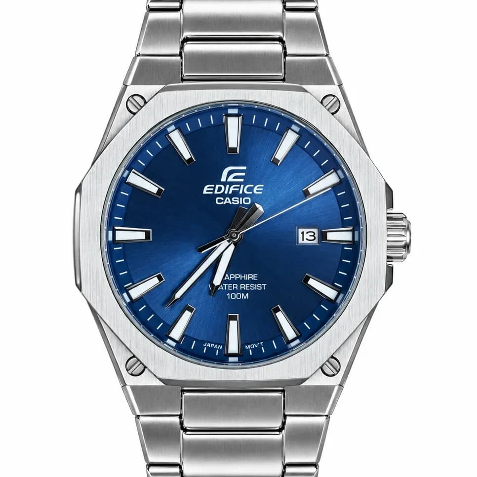 ساعت مردانه کاسیو ادیفایس efr-s108d-2a کلاسیک کوارتز فریم دایره استیل بند استیل صفحه ای آبی شیشه سافایر کریستال — تصویر ۲