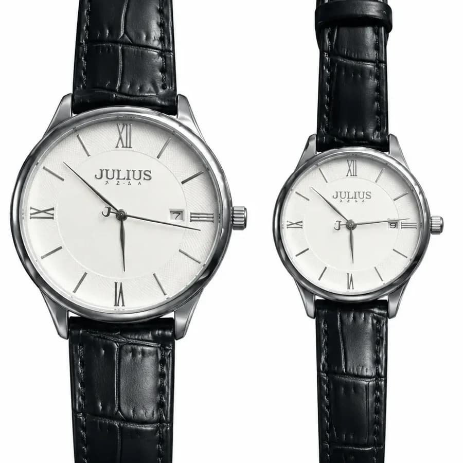 ساعت جولیوس ست JA-1328LA | JA-1328MA کلاسیک کوارتز فریم دایره استیل بند چرم مشکی صفحه ای سفید — تصویر ۲