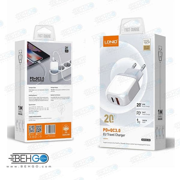 شارژر دیواری LDNIO الدینیو مدل A2316 همراه کابل تایپ سی اصلی