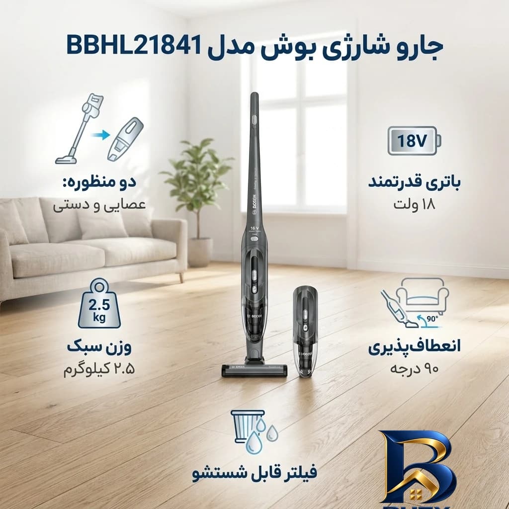 جارو شارژی عصایی بوش مدل BBHL۲۱۸۴۱ با باتری لیتیوم-یونی ۱۸ ولت، قابلیت تبدیل به جاروی دستی، مخزن ۰.۴ لیتر، نشانگر شارژ و پر بودن مخزن، فیلتر قابل شست وشو چرخش تا ۹۰ درجه اصل — تصویر ۴