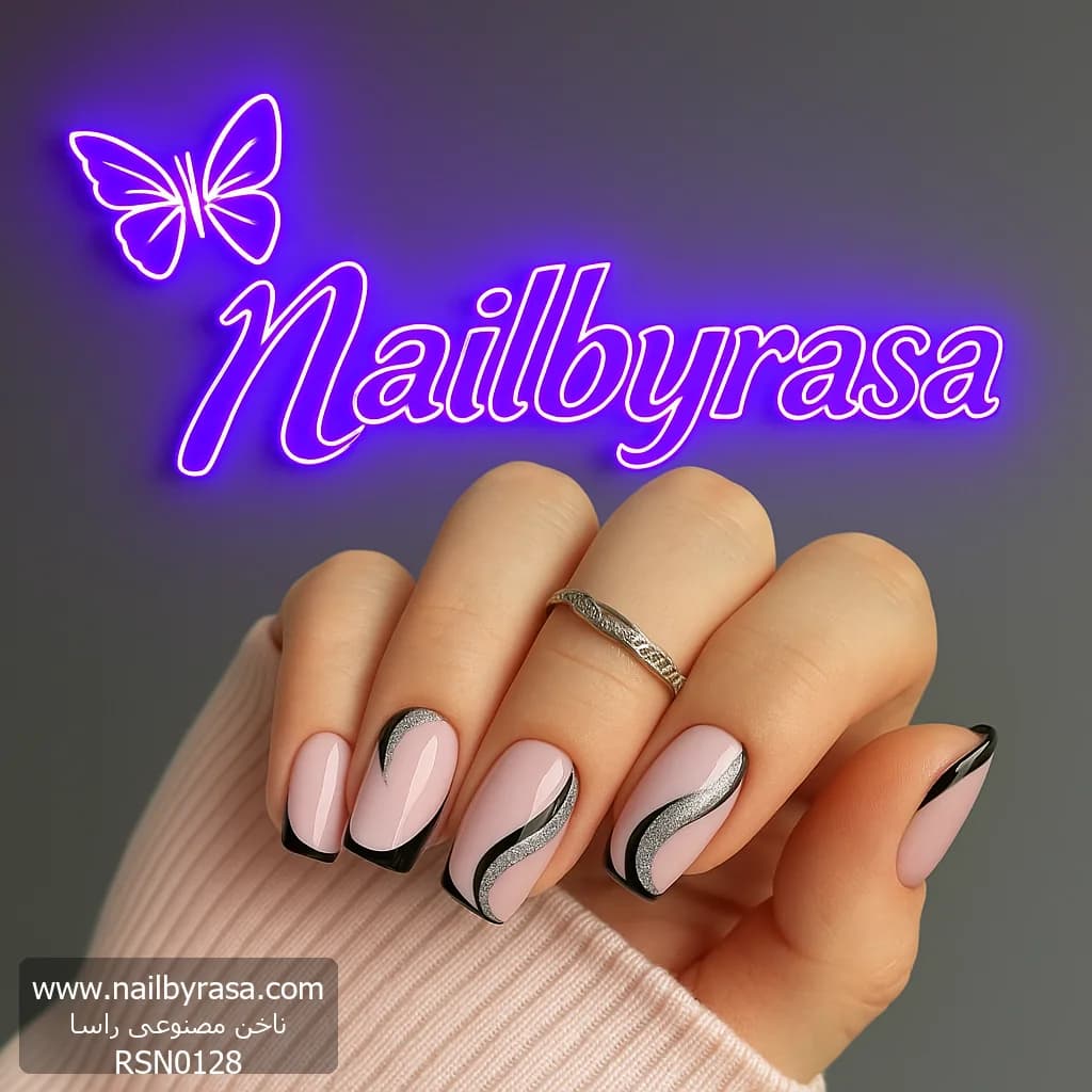 ناخن مصنوعی ژورنالی فرنچ مشکی و خطوط اکلیلی مربعی راسا – RSN0128 — تصویر ۵