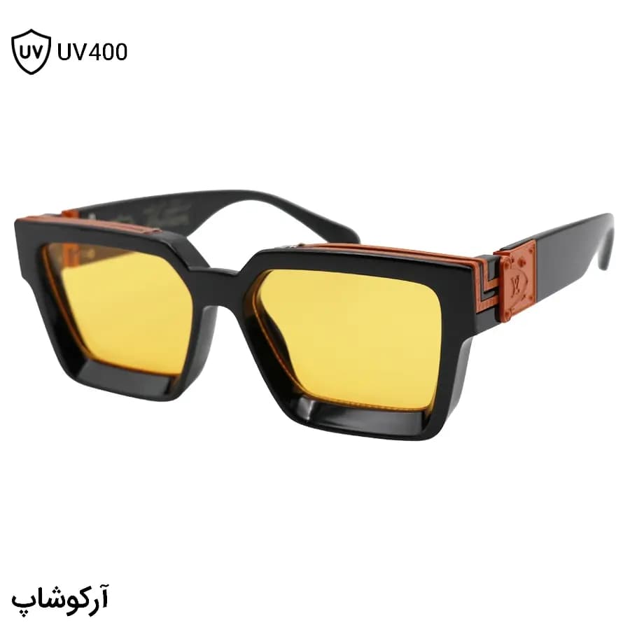 عینک شب LOUIS VUITTON طرح میلیونر با فریم مشکی براق، مستطیلی شکل و لنز نارنجی رنگ مدل M96006WN