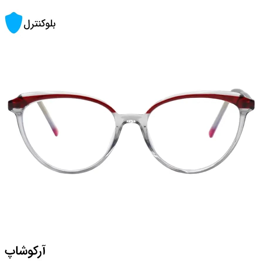 عینک بلوکنترل با فریم شکل چشم گربهای، رنگ طوسی و قرمز، دسته سیمدار و لنز بلوکنترل کرهای برند SKY مدل 8335 — تصویر ۳