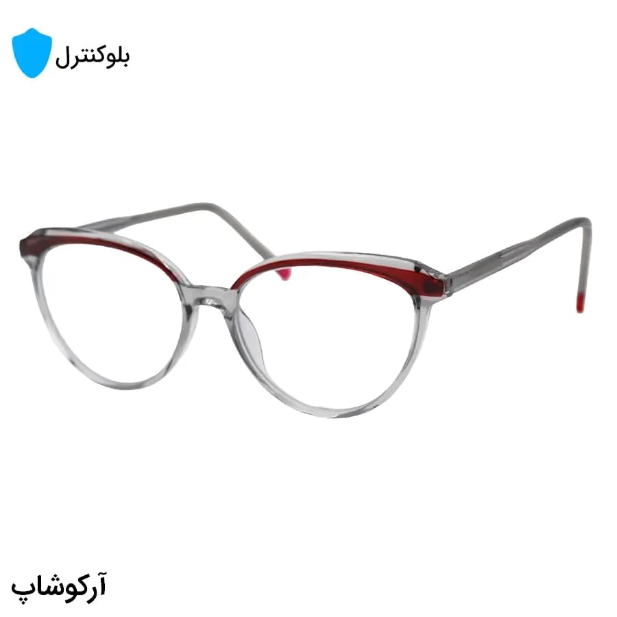 عینک بلوکنترل با فریم شکل چشم گربهای، رنگ طوسی و قرمز، دسته سیمدار و لنز بلوکنترل کرهای برند SKY مدل 8335 — تصویر ۴