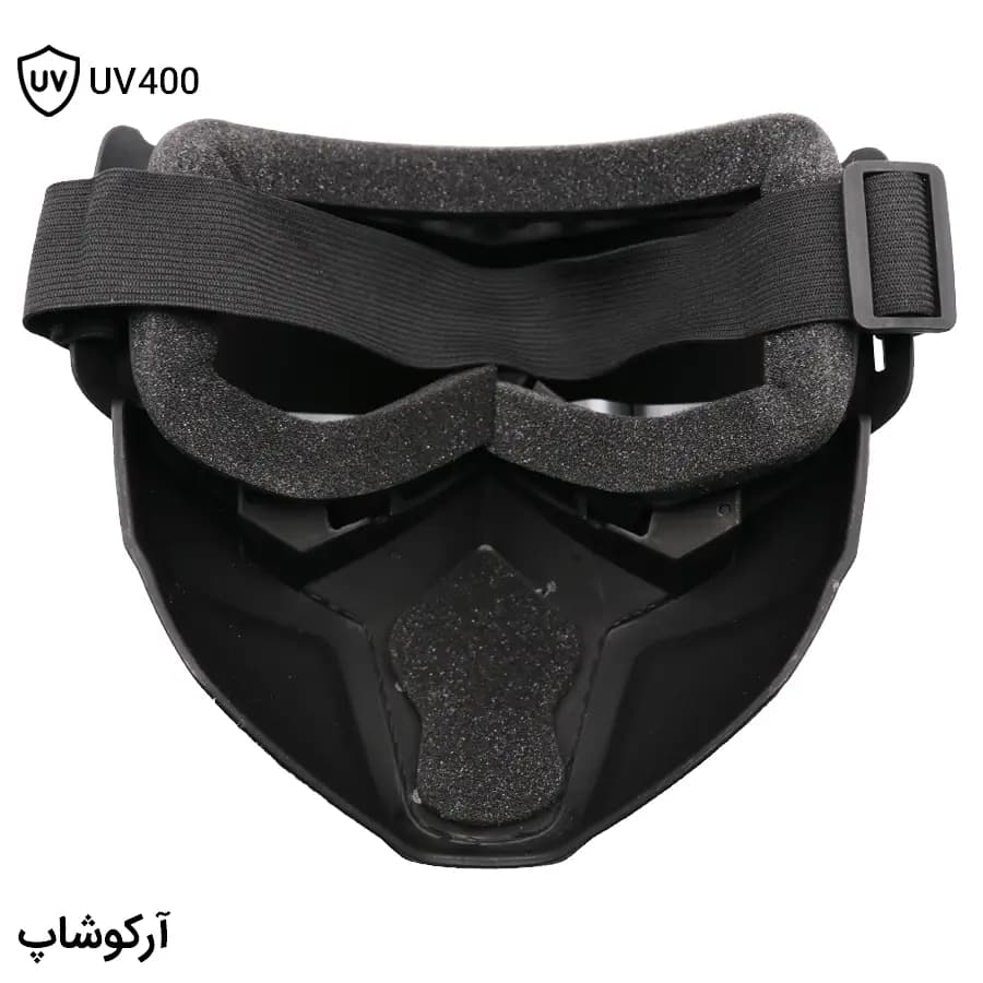 عینک موتور سواری با لنز آینهای چندرنگ، فریم مشکی رنگ، بند کشی و تمام فیس (طرح نقاب) مدل 993056 — تصویر ۵