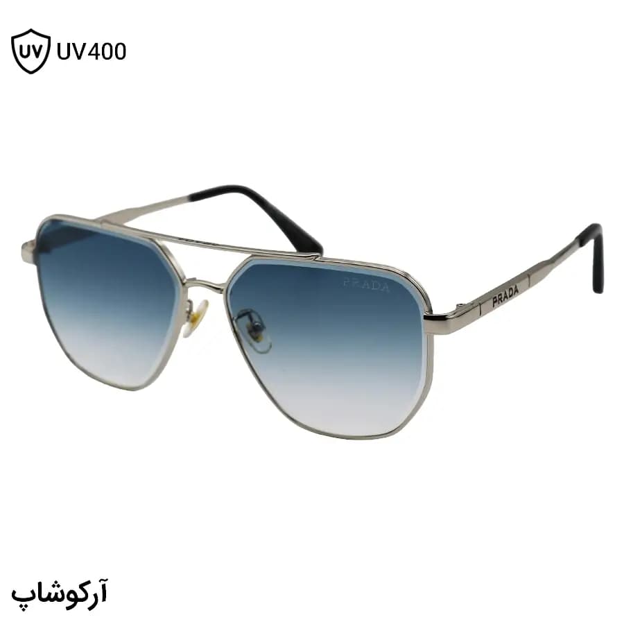 عینک آفتابی Prada با فریم شکل چندضلعی، نقرهای رنگ و عدسی آبی سایه روشن مدل 22410