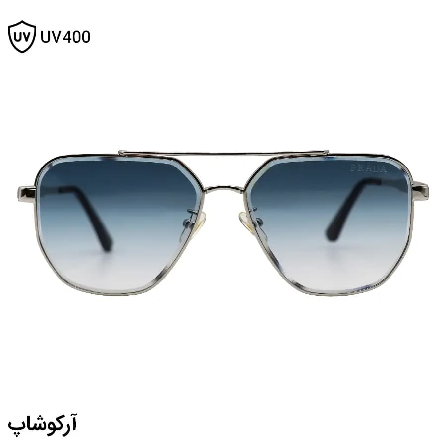 عینک آفتابی Prada با فریم شکل چندضلعی، نقرهای رنگ و عدسی آبی سایه روشن مدل 22410 — تصویر ۳