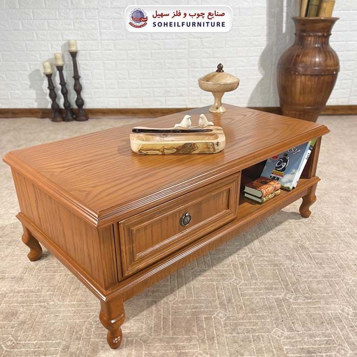میز جلومبلی چوبی کلاسیک کشو دار مدل 132 سهیل (روکش طبیعی چوب بلوط)