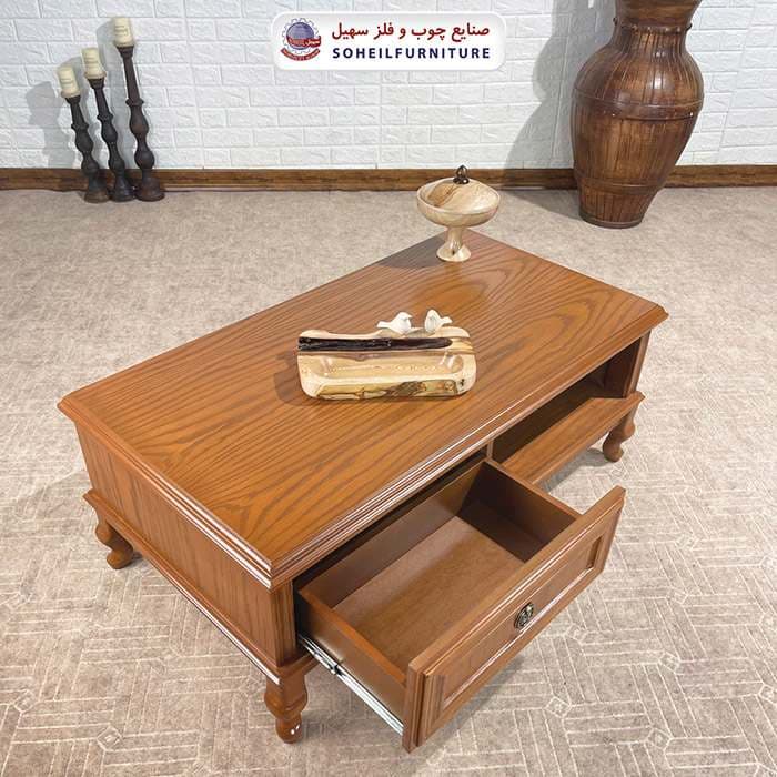 میز جلومبلی چوبی کلاسیک کشو دار مدل 132 سهیل (روکش طبیعی چوب بلوط) — تصویر ۵
