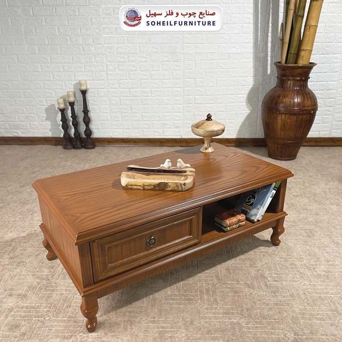 میز جلومبلی چوبی کلاسیک کشو دار مدل 132 سهیل (روکش طبیعی چوب بلوط) — تصویر ۳