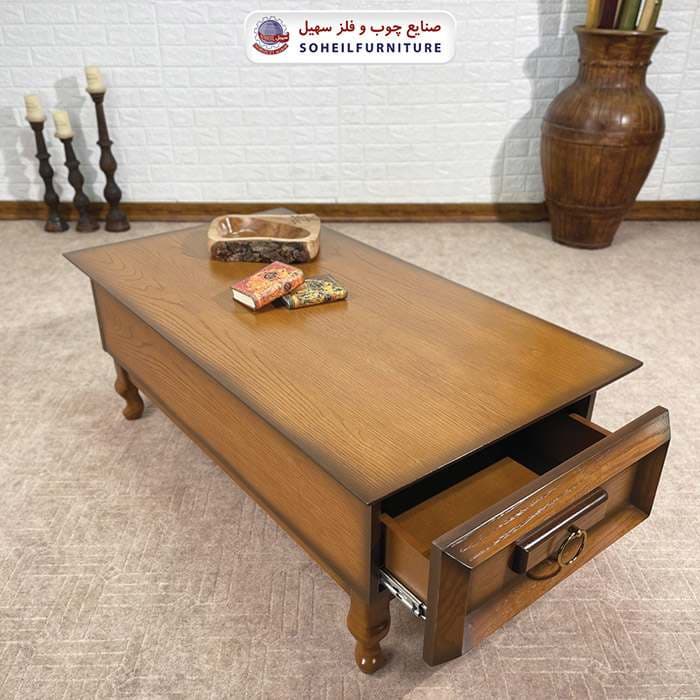 میز جلومبلی چوبی کشو دار کلاسیک مدل 136 سهیل (روکش طبیعی چوب بلوط) — تصویر ۴