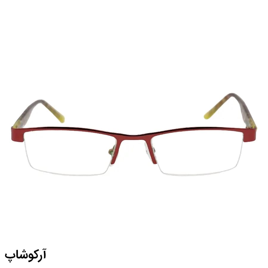عینک مطالعه نزدیک بین نمره +2.00 با فریم رنگ قرمز، طرح نیمفریم، دسته فنردار و چندرنگ، لنز بلوکات و آنتی رفلکس مدل TOP-9 — تصویر ۲