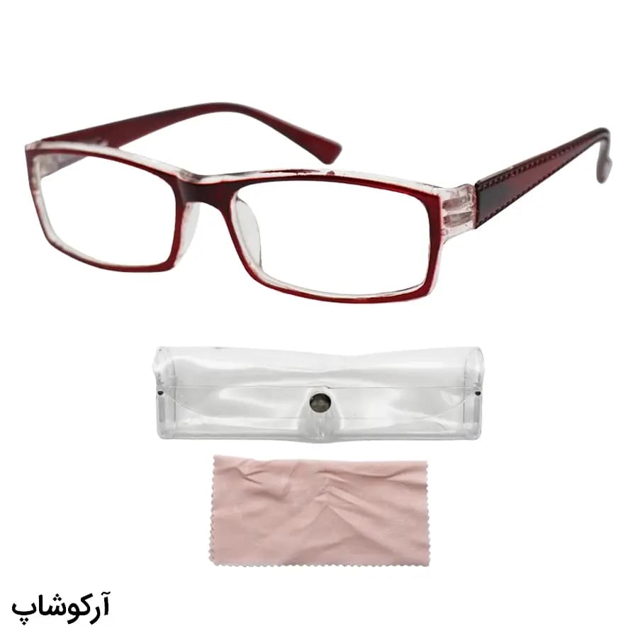 عینک مطالعه نزدیک بین نمره +1.75 با فریم مستطیلی شکل، قرمز رنگ و دسته فنردار مدل 746