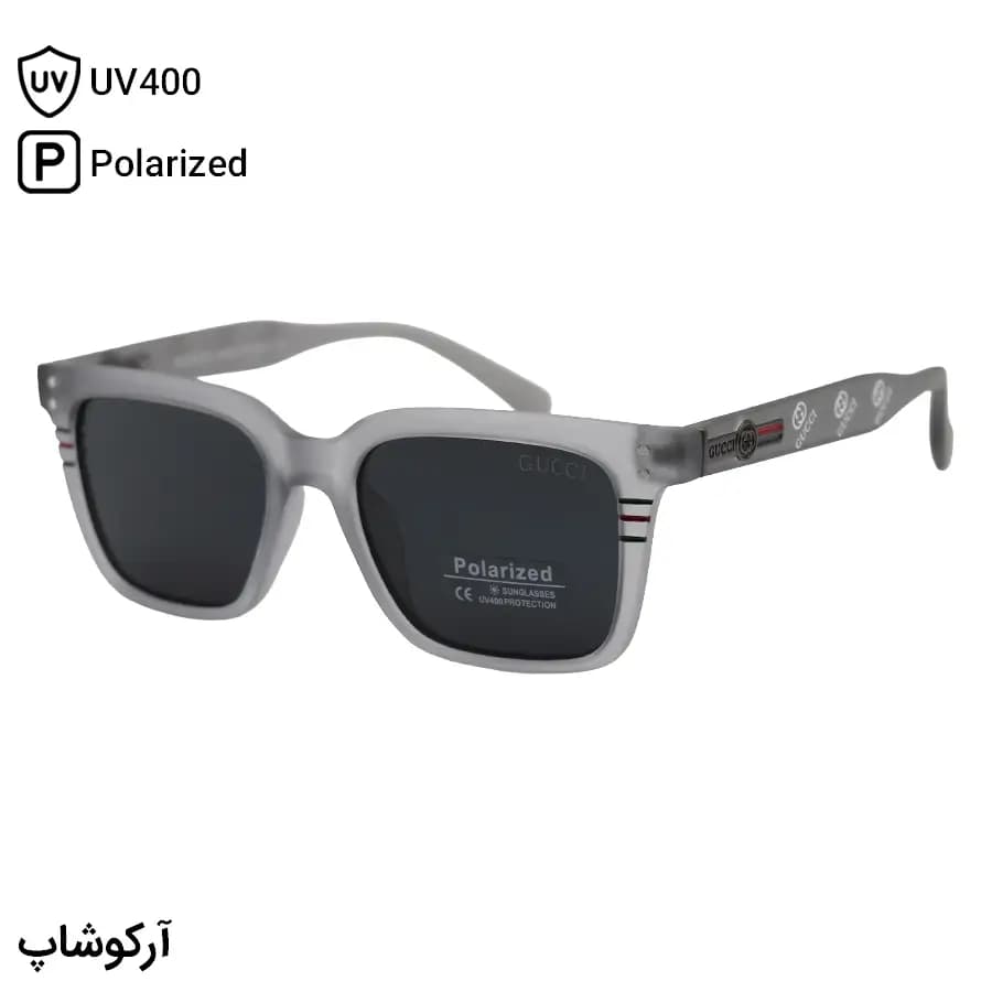 عینک آفتابی گوچی با فریم رنگ طوسی مات، شکل مربعی و لنز دودی تیره و پلاریزه مدل P7123