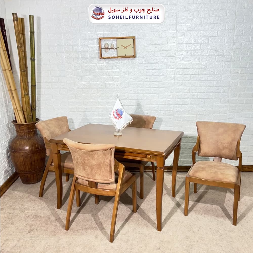 ست ناهارخوری چوبی 4نفره و 6نفره مدل فیفل با صندلی پیچک سهیل — تصویر ۲