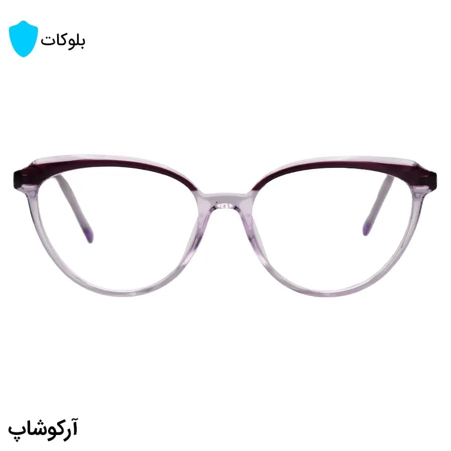 عینک زنانه با فریم شکل چشم گربهای، بنفش دو رنگ، دسته سیمدار و لنز بلوکات و UV400 مدل 8335 — تصویر ۳