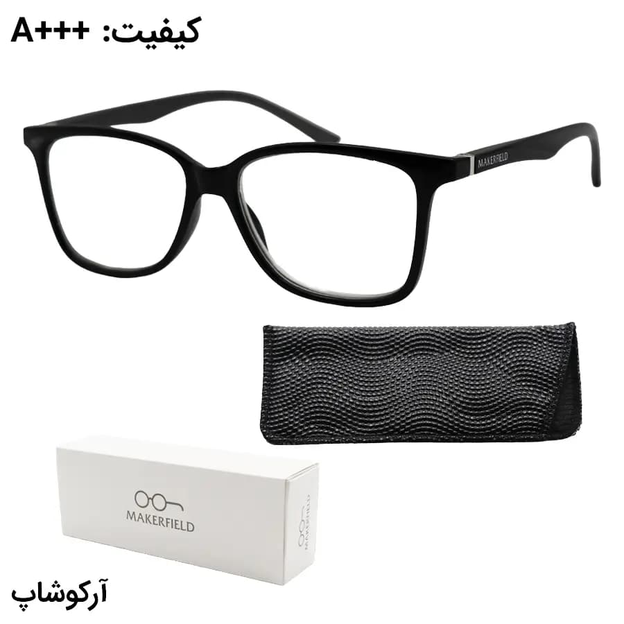 عینک مطالعه نزدیک بین نمره +1.50 با فریم رنگ مشکی، شکل مستطیلی، لولا فنردار و برند MakerField مدل H103