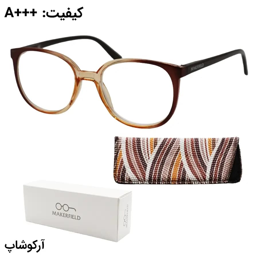 عینک مطالعه نزدیک بین نمره +1.00 با فریم دو رنگ قهوهای، شکل مربعی، لولا فنردار و برند MakerField مدل H101