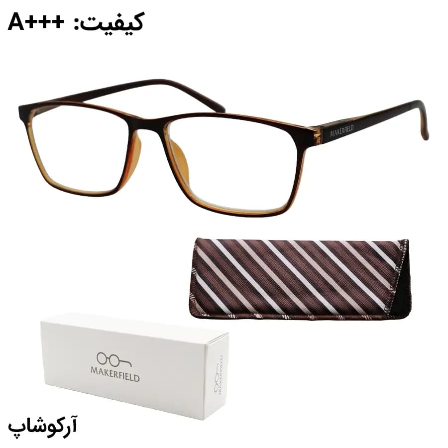 عینک مطالعه نزدیک بین نمره +1.50 با فریم قهوهای، شکل مستطیلی، لولا فنری و برند MakerField مدل H104