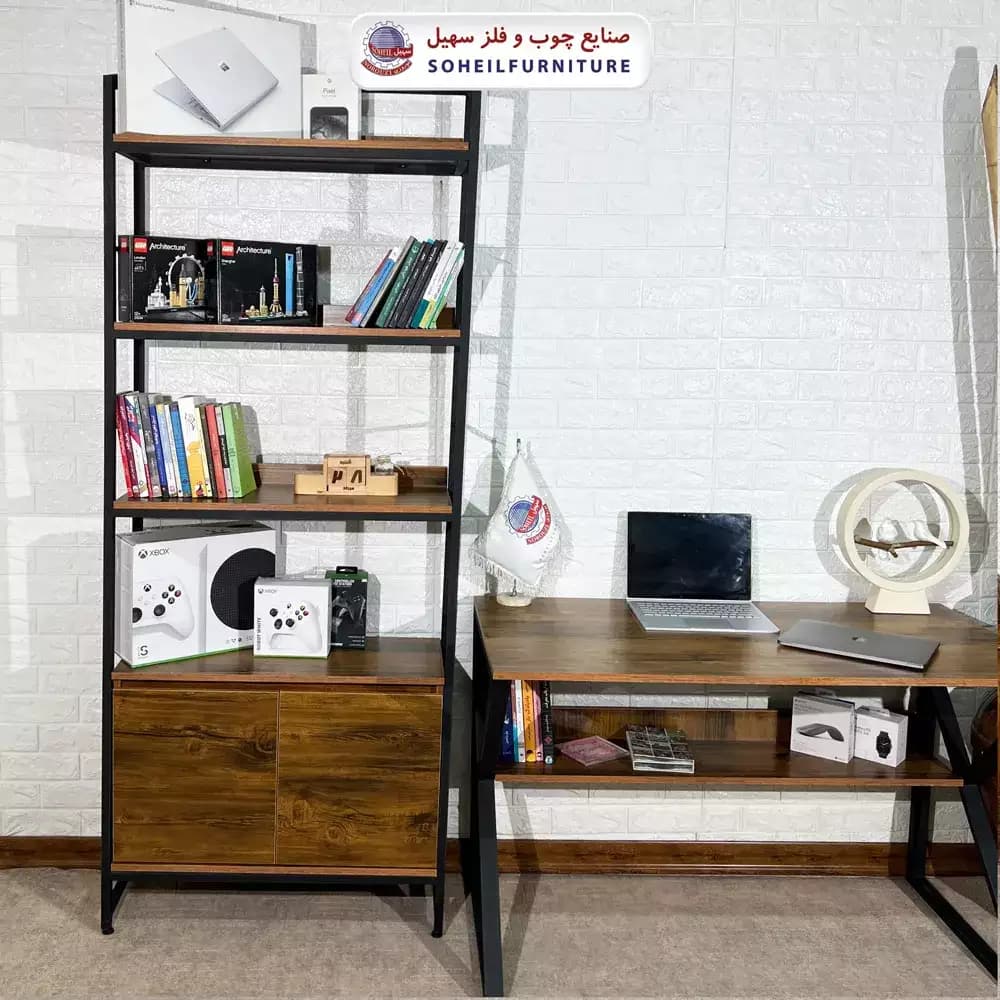 استند کتابخانه MDF و فلز سهیل کمد دار — تصویر ۵