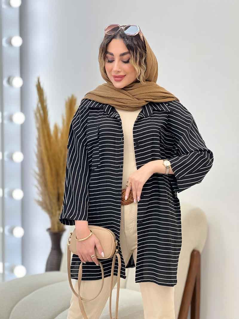 مانتو راه راه دو جیب پاکتی پایین هلال کد 5215 — تصویر ۳