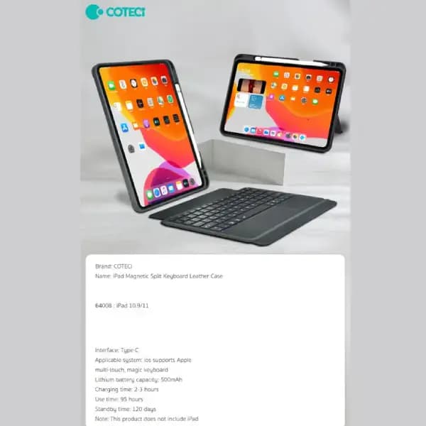 کاور کیبورددار مگنتی آیپد 10.9 و 11 اینچ کوتسی مدل Coteci Magnetice Sphit Keyboard Lither Case Ipad 10.9/11 64008 — تصویر ۵