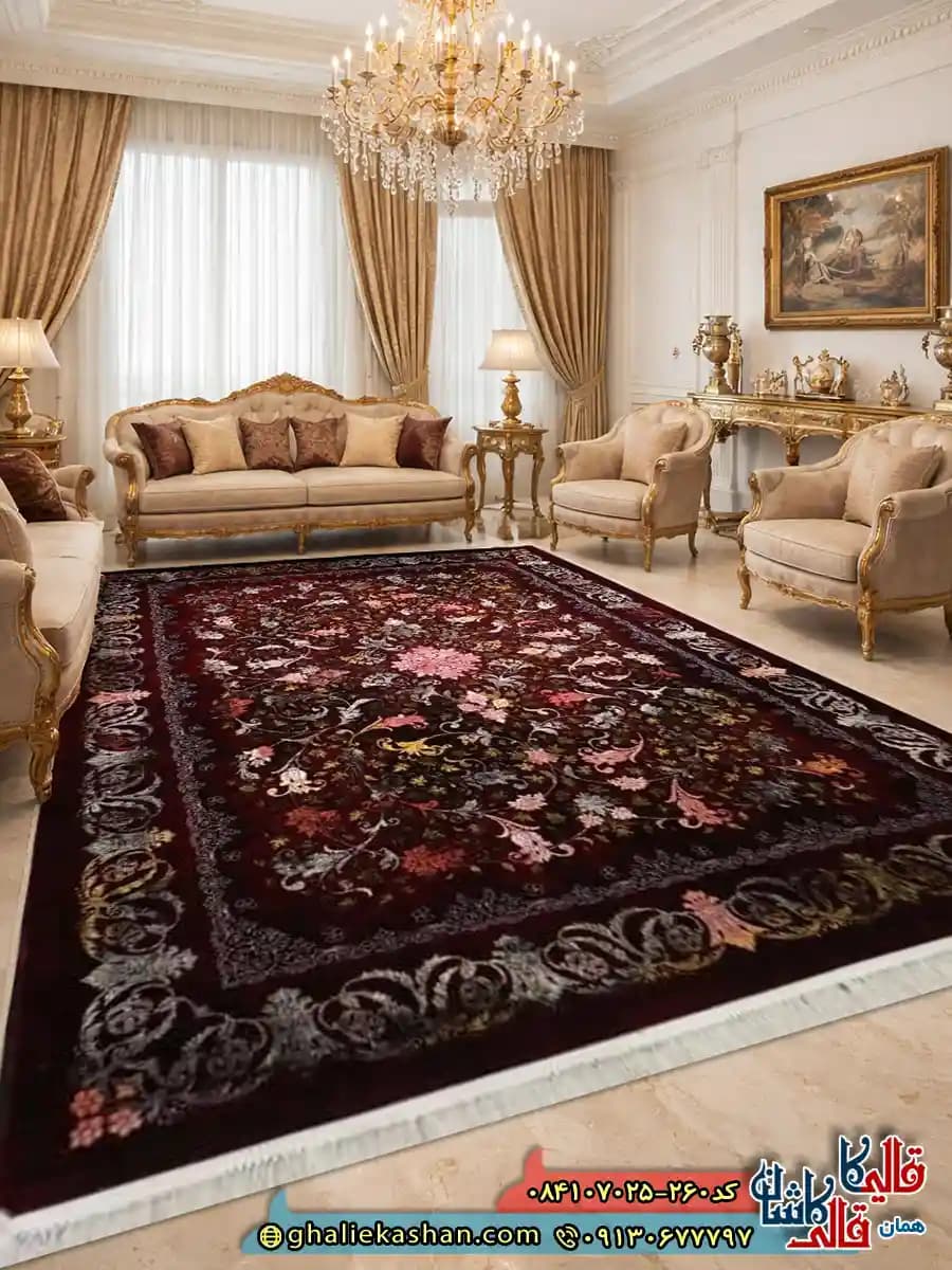 فرش 700 شانه طرح افشان آویسا رنگ قرمز روناسی کاشان