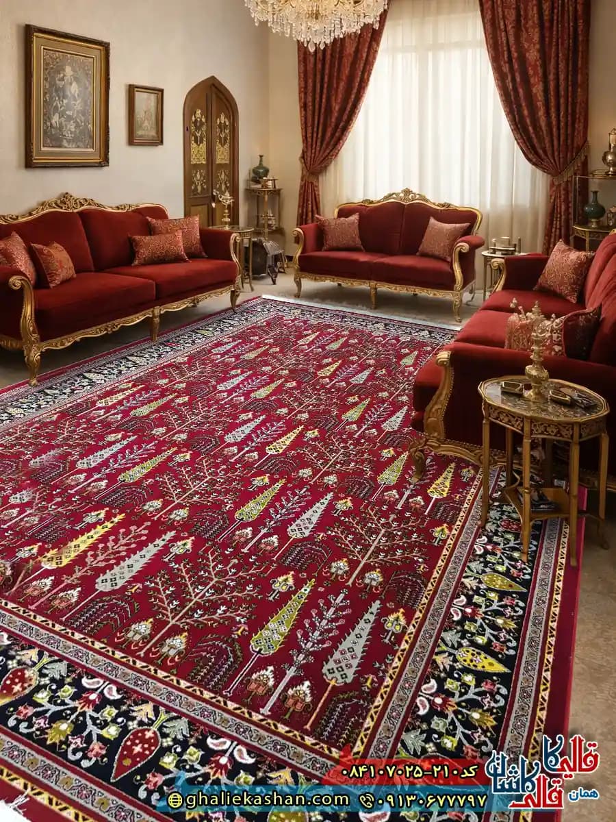 فرش سنتی 700 شانه طرح افشان سرو رنگ قرمز روناسی کاشان